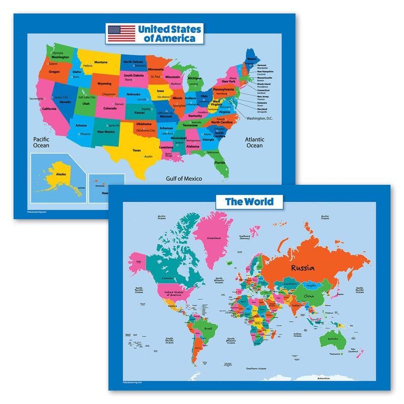 Palace Learning World Map and USA Map for Kids - 2 Poster Set - LAMINATED - Wall Chart Poster of the United States and the World (18 x 24) - Image 1